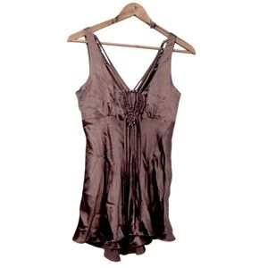Jak&Rae Brown Taupe  Fringe V Neck Silk Beaded Braided Satin Sleeveless Tank Top